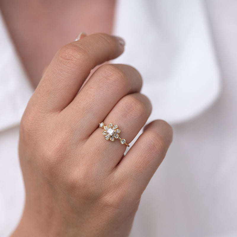 Flower Diamond Engagement Ring front hand
