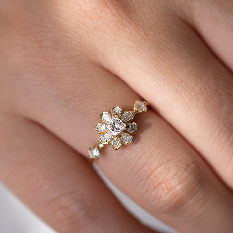 Flower Diamond Engagement Ring on finger