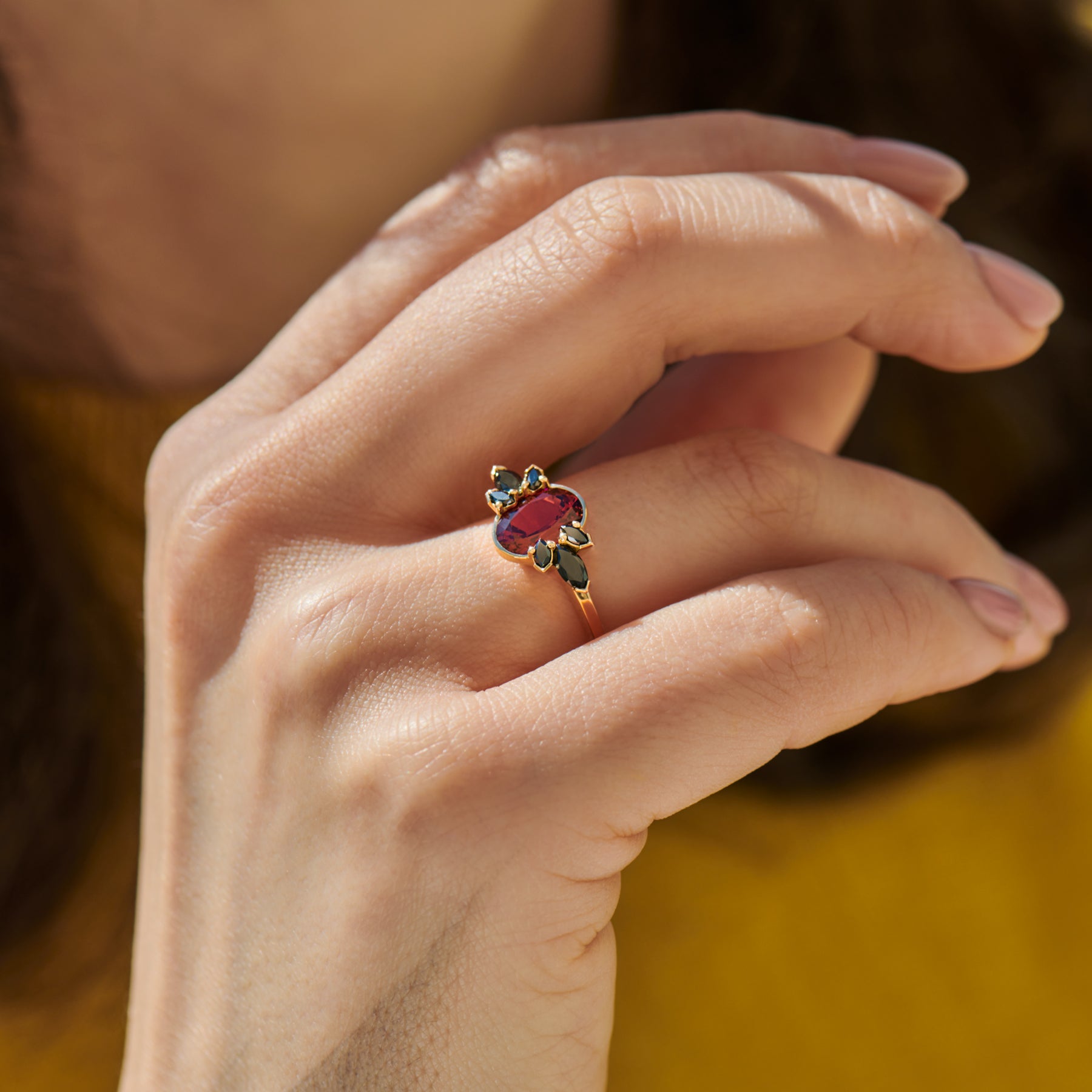 Flowers Of Evil Red Garnet & Black Diamond Engagement Ring – Artemer