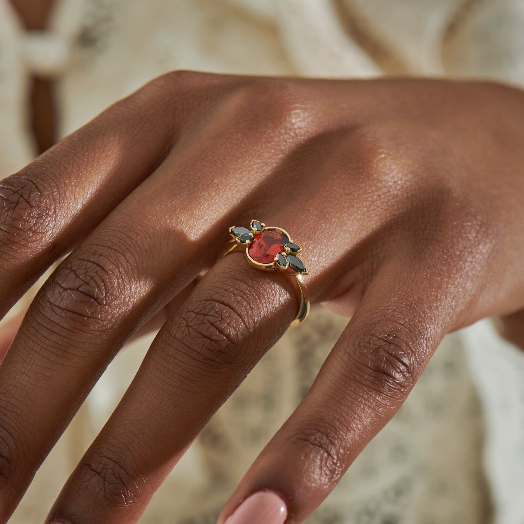 Vintage Cushion Red Garnet Floral Diamond Halo Engagement Ring 14K Gold
