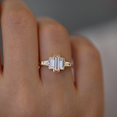 Art Deco Baguette Diamond Ring Detail Shot on Hand