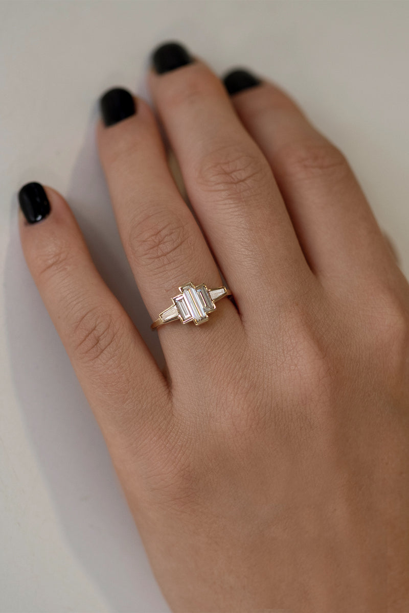 Art Deco Baguette Diamond Ring Front Shot on Hand 