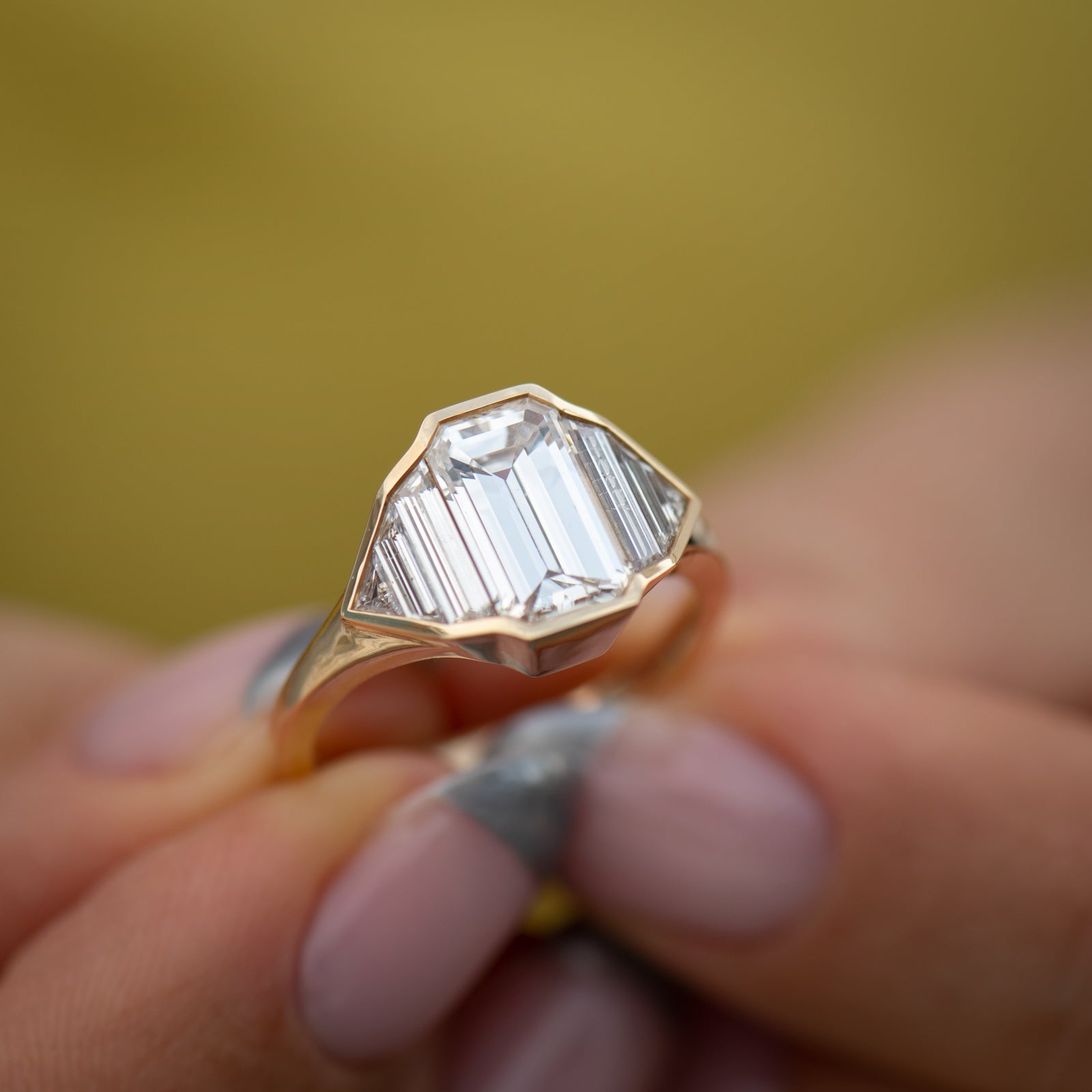 Three Stone Emerald-Cut Ring with Trapezoids Los Angeles | Peter Norman