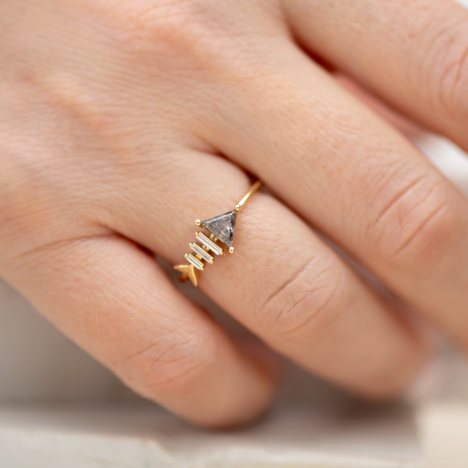 Gold Fish Bone Ring with Triangle and Baguette Cut Diamond