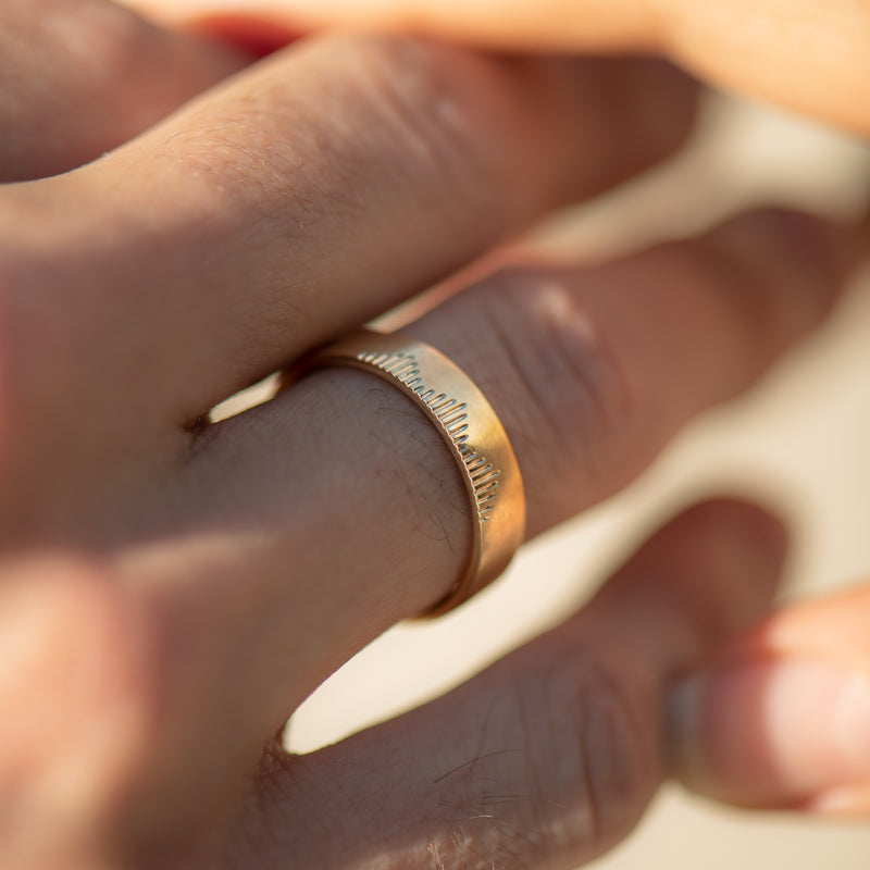 Golden-Wedding-Band-with-Linear-Mountains-ON-FINGER