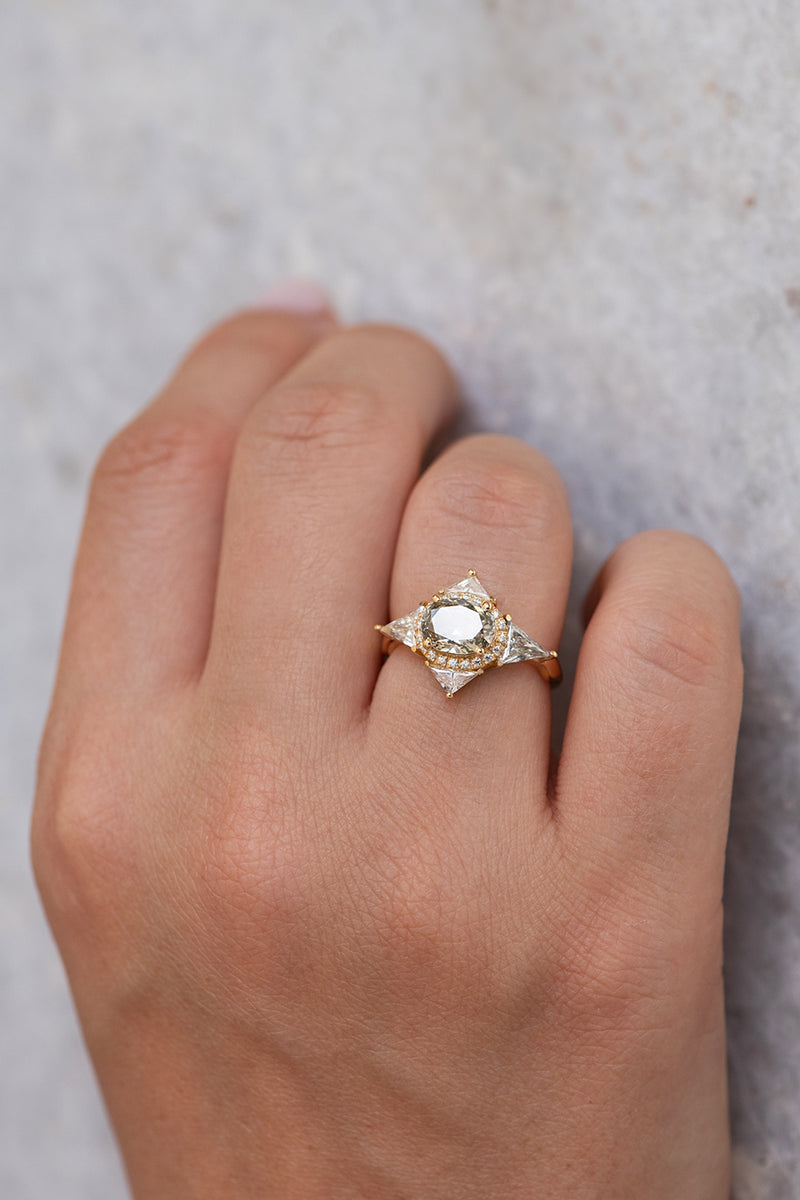 Green Diamond Engagement Ring - OOAK Fancy Color Diamond Ring in Sunlight on Hand