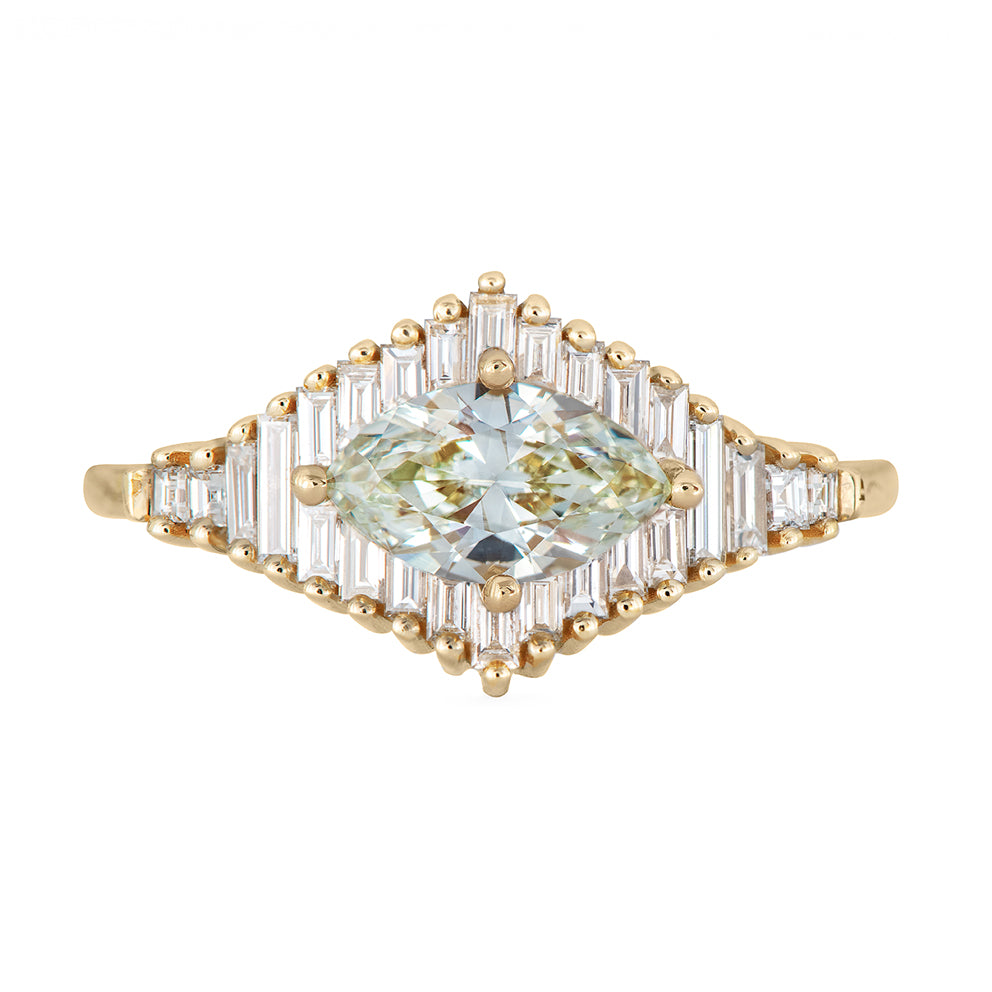 Green Diamond Engagement Ring with Baguette Diamonds - Fancy Color Diamond Ring 