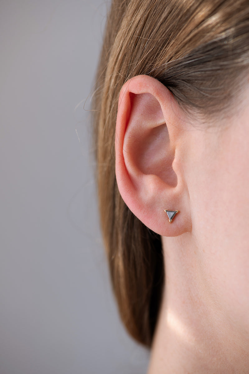Grey Triangle Diamond Stud Earrings Front View on Ear