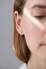 Grey Triangle Diamond Stud Earrings other angle on ear 