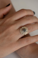 Grey Diamond Temple Ring with Long Tapered Baguette Diamonds on Hand Front Shot 