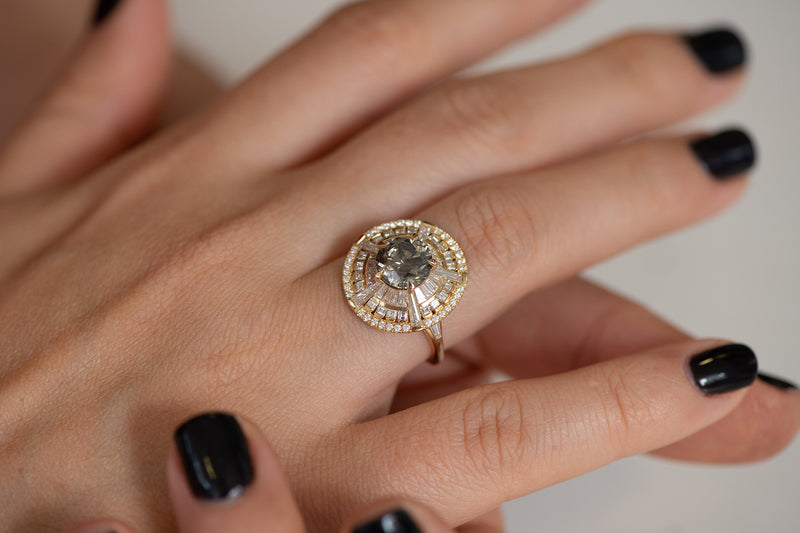 Grey Diamond Temple Ring with Long Tapered Baguette Diamonds on Hand alternate angle 