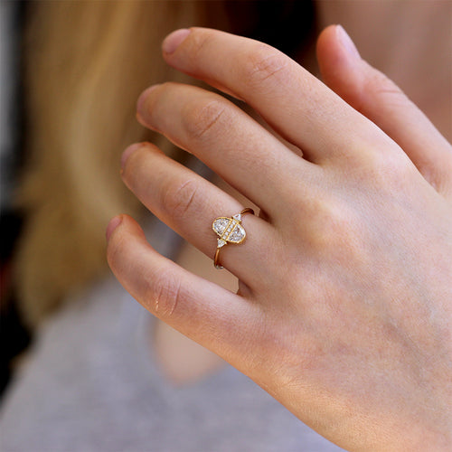 Half Moon Diamond Engagement Ring On Finger