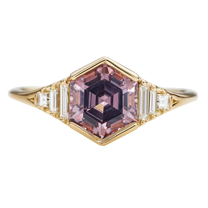 Hexagon-Cut-Spinel-Engagement-Ring-in-Mauve-with-Diamonds-closeup