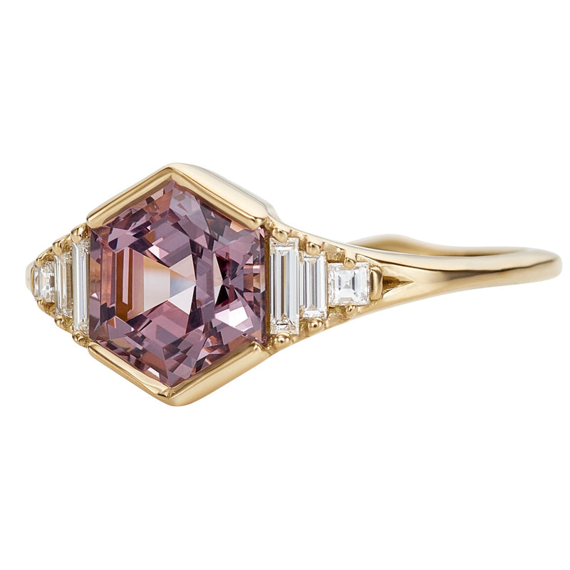 Hexagon-Cut-Spinel-Engagement-Ring-in-Mauve-with-Diamonds-side-closeup