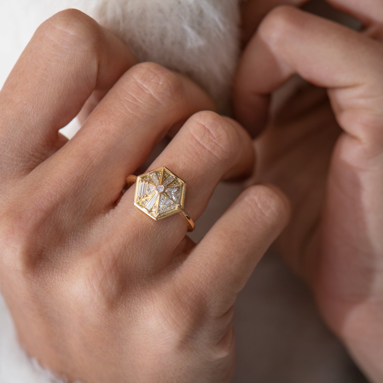 Hexagon Engagement Ring with Cluster of Diamonds – ARTEMER