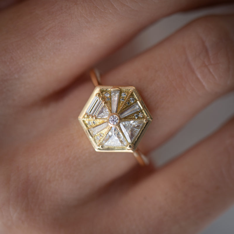 Hexagon Engagement Ring with Cluster of Diamonds – ARTEMER