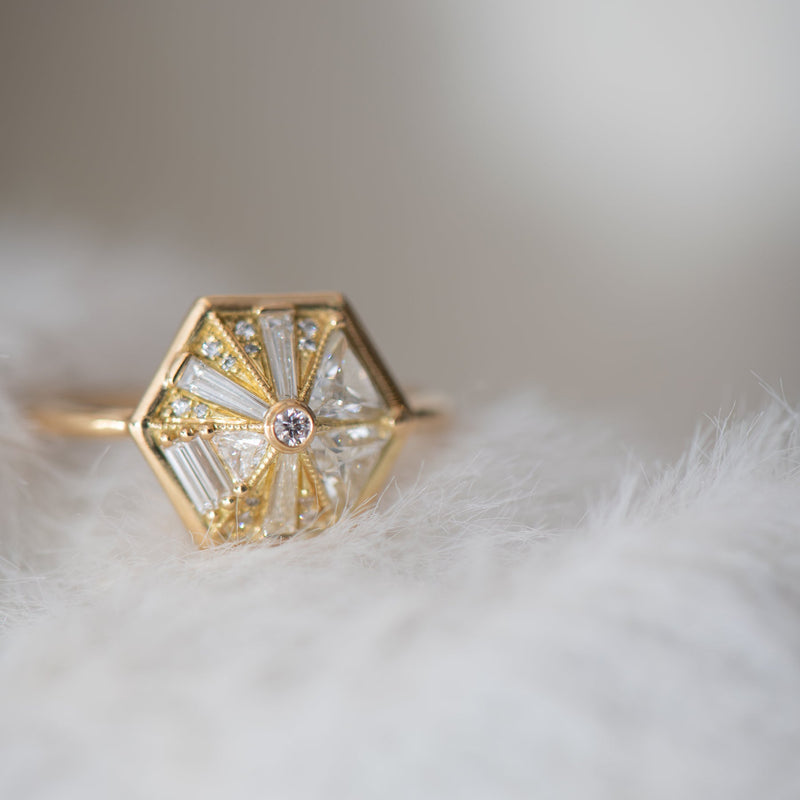 Hexagon Engagement Ring with Cluster of Diamonds – ARTEMER