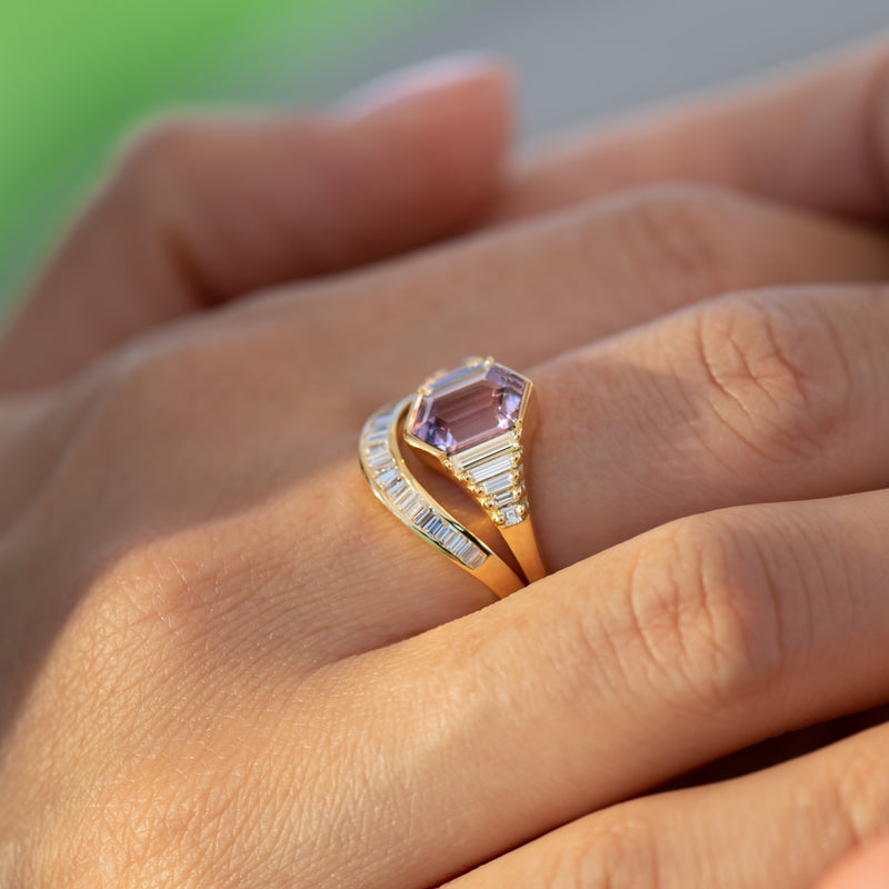 Lilac-Engagement-Ring-with-an-Elongated-Hexagon-Spinel-and-Baguette-Diamonds-side-shot-in-set