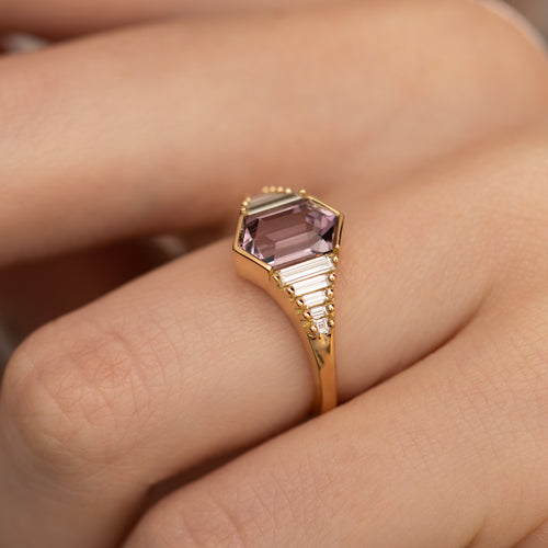 Lilac-Engagement-Ring-with-an-Elongated-Hexagon-Spinel-and-Baguette-Diamonds-side-shot