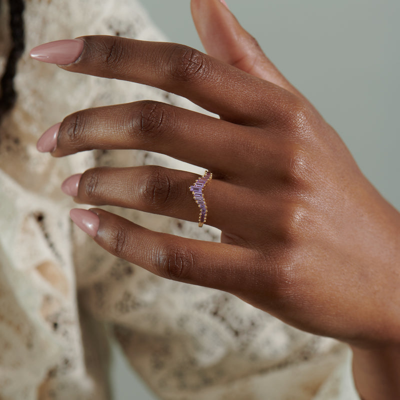 Lilac-Sapphire-Baguette-Curved-Tiara-Ring-ON-FINGER
