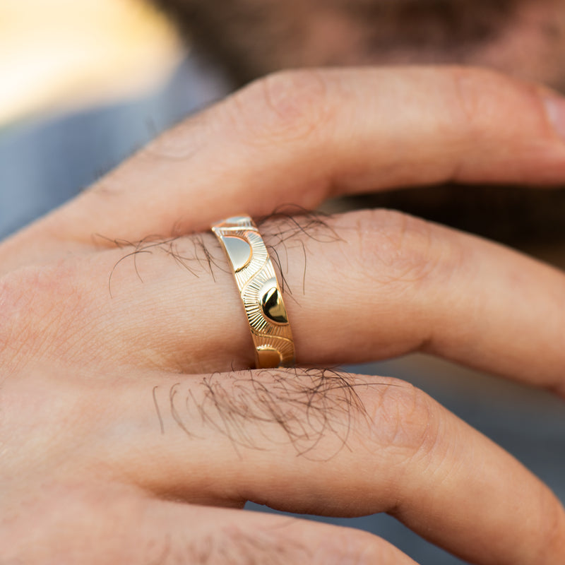 Men_s-Engraved-Golden-Sun-Pattern-Wedding-Band-on-finger