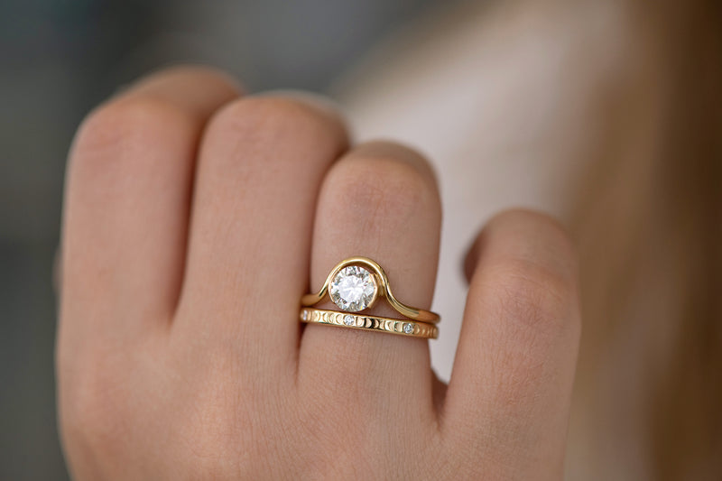Moon Phase Ring with Full Moon Diamonds - Thin on hand in set side angle 