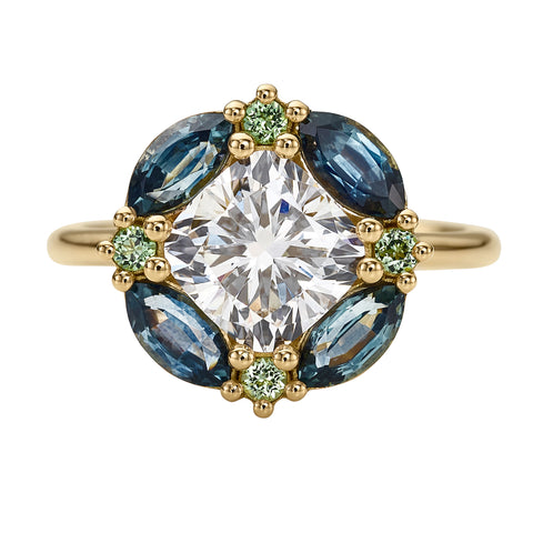 Mosaic Lab Grown Cushion Cut Diamond Sapphire & Garnet Engagement
