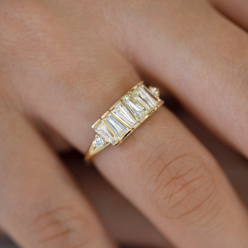 OOAK Tapered Baguette Diamond Lineup Ring on Finger Up Close