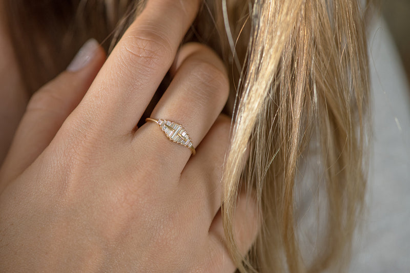 OOAK Baguette Cut Cluster Diamond Ring - Unique Engagement Ring on Hand 
