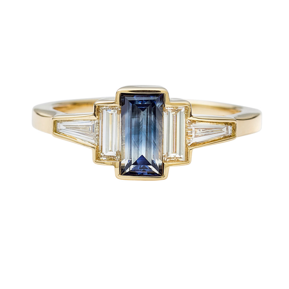 Parti-Sapphire-Art-Deco-Ring-with-TLB-Diamonds-and-a-Golden-Bezel-OOAK-closeup