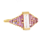 Purple and Lilac Sapphire Ring with Baguette Diamond Side View on White