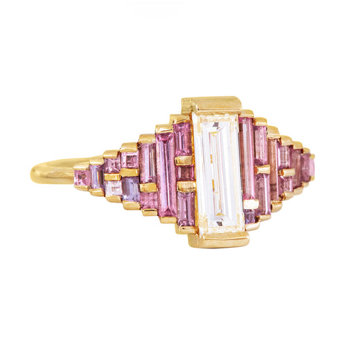 Purple and Lilac Sapphire Ring with Baguette Diamond Side View on White