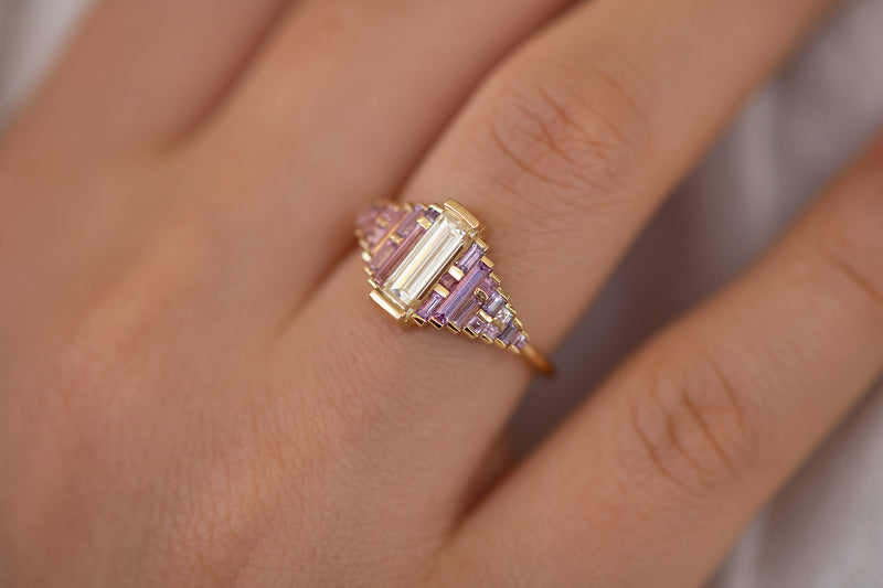 Purple and Lilac Sapphire Ring with Baguette Diamond Detail Shot on Finger