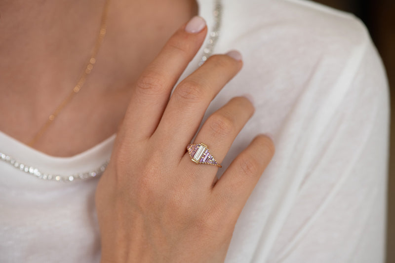 Purple and Lilac Sapphire Ring with Baguette Diamond on Hand Alternate Angle