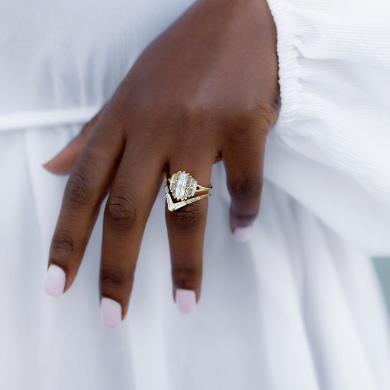 Rectangular-Rose-Cut-Diamond-Engagement-Ring-with-Grey-Baguette-Diamonds-set-on-finger