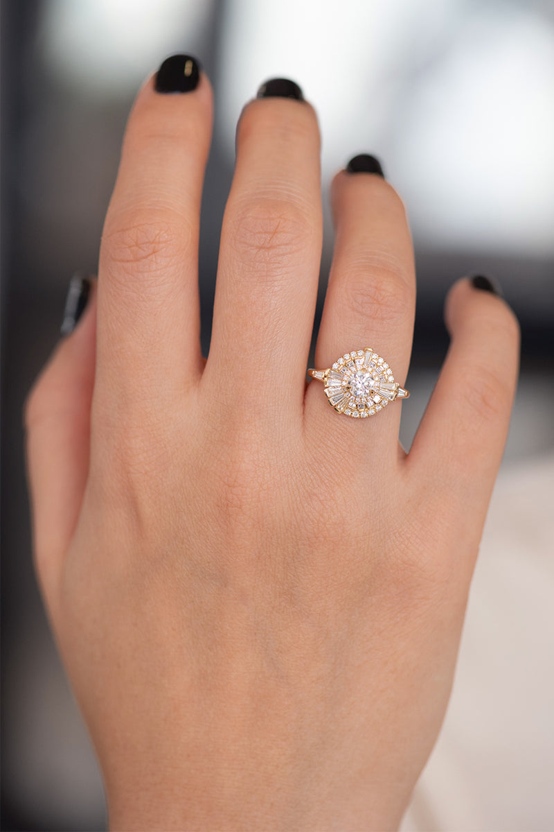 Round Diamond Cluster Ring with Asymmetric Frills on Hand Frontal View 