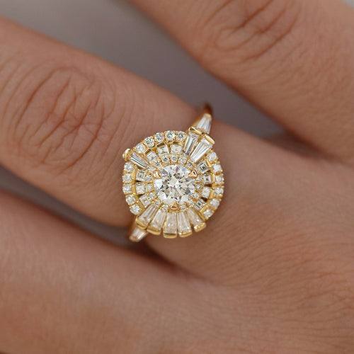 Round Diamond Cluster Ring with Asymmetric Frills on Hand Detail Shot 