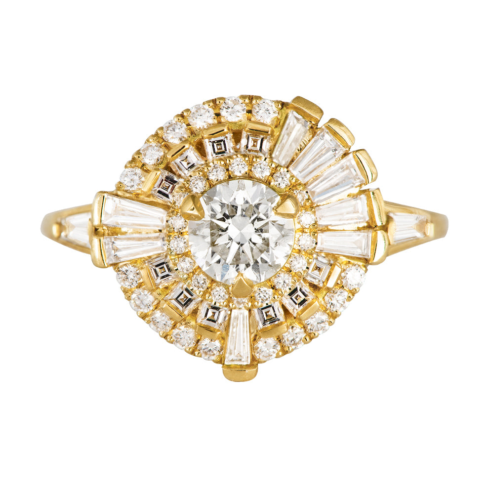 Round Diamond Cluster Ring with Asymmetric Frills