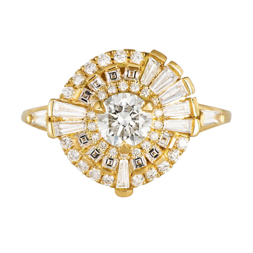 Round Diamond Cluster Ring with Asymmetric Frills