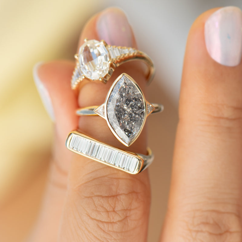 Salt-and-Pepper-Engagement-Ring-with-a-3-Carat-Marquise-Diamond-OOAK-in-set-on-finger