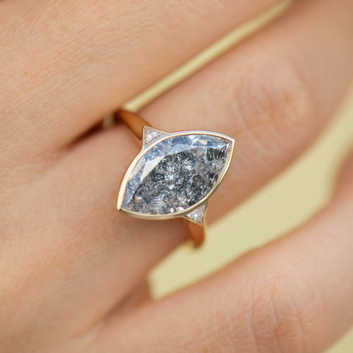 Salt-and-Pepper-Engagement-Ring-with-a-3-Carat-Marquise-Diamond-OOAK-solid-gold