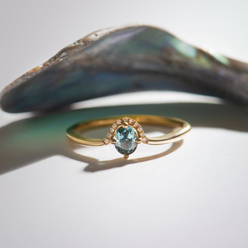 Ready to Ship - Small Oval Teal Sapphire Engagement Ring (size US 8.5)