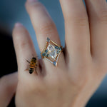 Starburst-Rose-Cut-Diamond-Engagement-Ring-with-Teal-Sapphire-Trillions-bumblebee