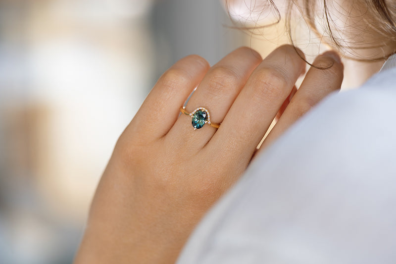 Teal Sapphire Engagement Ring - OOAK on Hand Over Shoulder Other Angle
