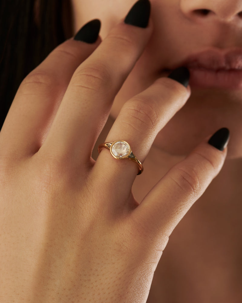 Terra-Rose-Cut-Diamond-Engagement-Ring-on-finger