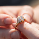    Three-Stone-Signet-Engagement-Ring-with-a-2ct-Diamond-Cut-Shield-OOAK-solid-gold-18k