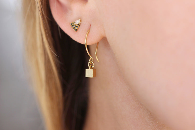 Tiny Cube Gold Earrings Close Up