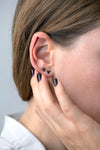 Triangle Earrings with Black and White Diamonds on ear in other view