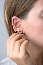 Triangle Earrings with Black and White Diamonds on ear other view 
