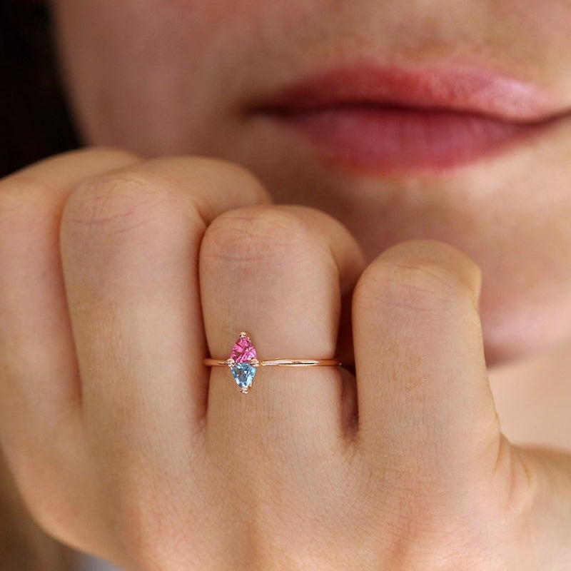 Trillion Aquamarine And Pink Spinel Ring On Hand
